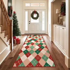 Christmas Decor Diamond Pattern Carpet, Foldable Washable Non-Slip Plush Rug for Living Room Bedroom Hallway Kitchen Entrance
