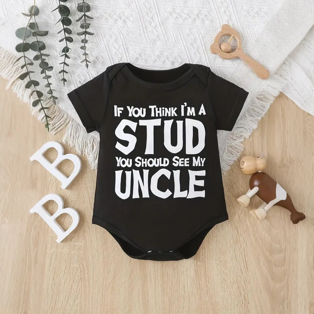 Casual Baby Boy Bodysuit, "You Should See My Uncle" Letter Print Short-Sleeve Newborn Onesie Jumpsuit, Newborn Onesies