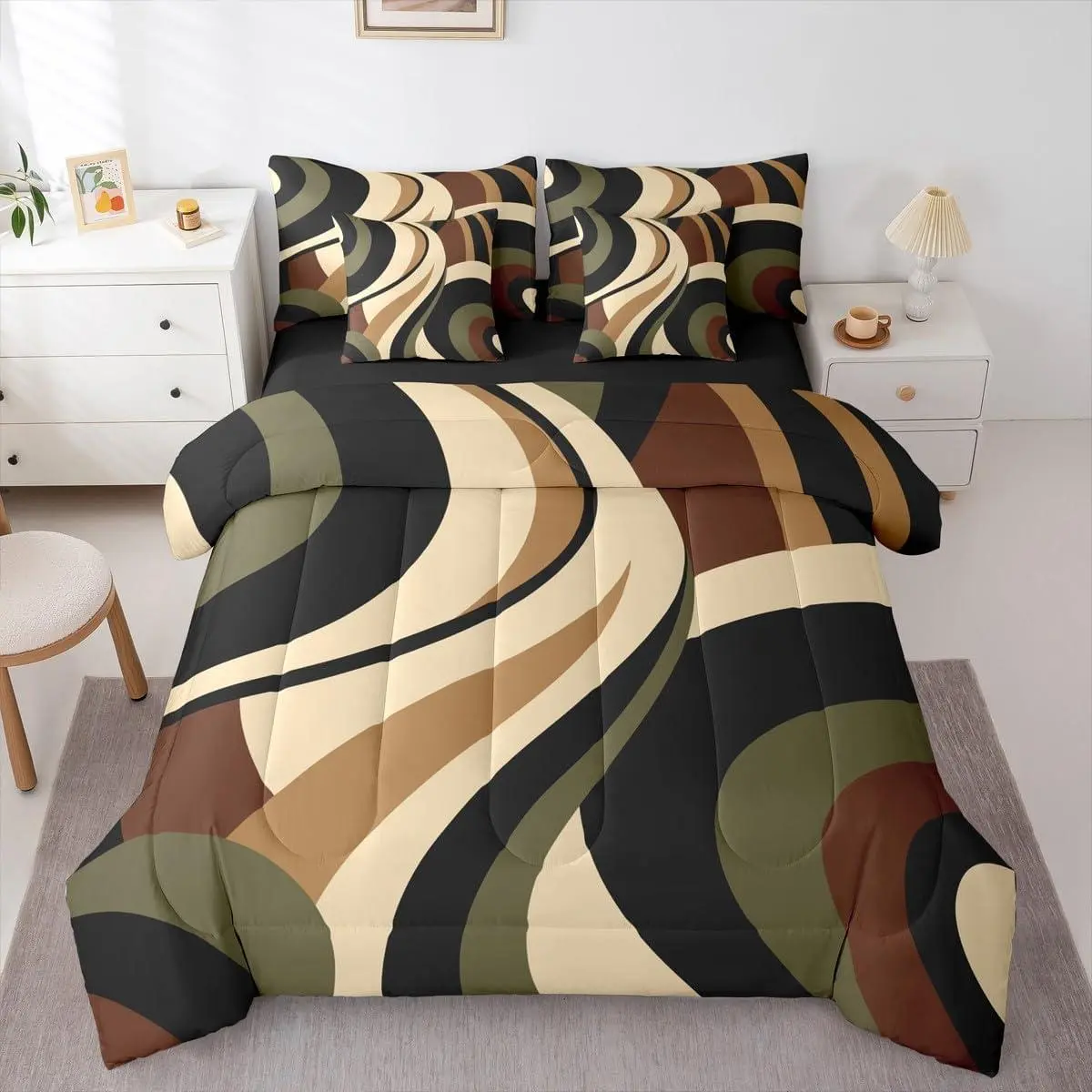 Green Brown Spiral 7-Piece Bedding Set,Modern Swirls Stripes Abstract Bed in a Bag for Minimalists Boho Aesthetic Geometric Comforter Set with Sheets Graffiti Art Lines Duvet Insert