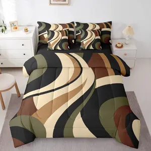Green Brown Spiral 7-Piece Bedding Set,Modern Swirls Stripes Abstract Bed in a Bag for Minimalists Boho Aesthetic Geometric Comforter Set with Sheets Graffiti Art Lines Duvet Insert