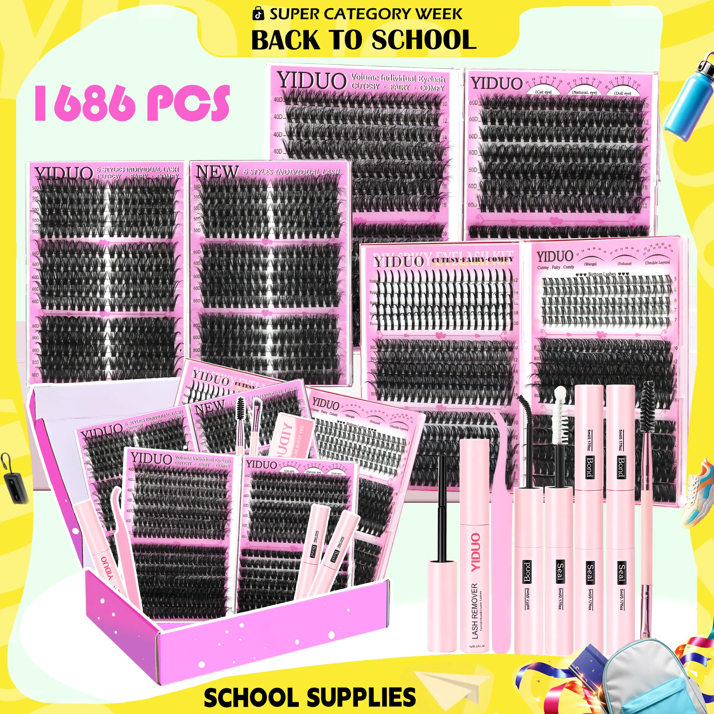 YIDUO Mega Volume Lash Clusters Kit with 2X Bond & Seal, DIY Fluffy Wispy Cosmetic Extensions for a Natural Look, Beginners Bulk Pack for Bottom Lashes, Diy Personal Lashes BackToSchool