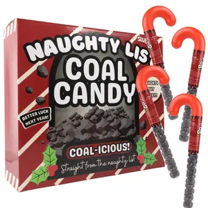 Bulk Naughty List Coal Candy Canes, Funny Christmas Stocking Stuffer Gag Gifts, Strawberry Flavored Chewy Treats, 1.41 Ounces (Box of 12)