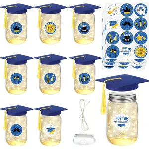 8 Pack 2026 Graduation Centerpieces for Tables Mason Glass Jar Centerpieces with LED Lights Graduation Party Decorations Set with Caps and Stickers for High School College Congrats Grad Decor Supplies