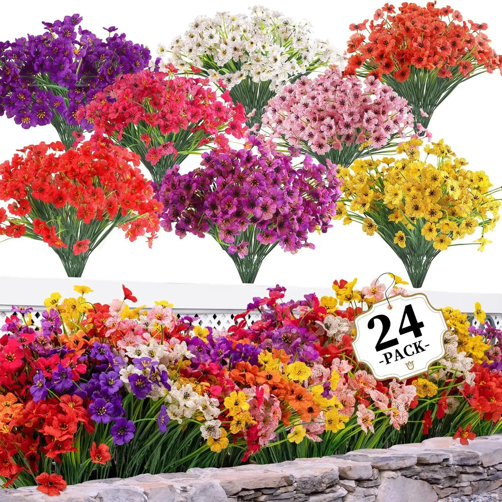 24-Pcs Mix Color Fade-Resistant Hanging Artificial Flowers, 8-Color Faux Boxwood Greenery Set with Adjustable Height, Outdoor Indoor Decorative Fake Plastic Plants for Front Porch, Special Events, Live