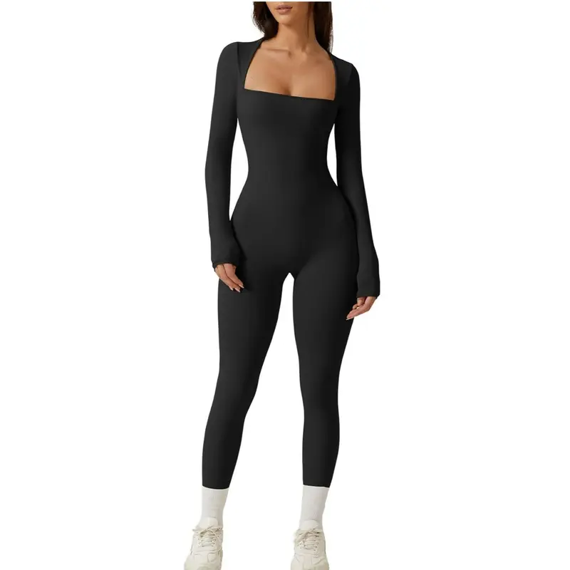 QINSEN Womens Sexy Square Neck Long Sleeve Full Length Leggings Bodycon Stretch Jumpsuit【Hot】