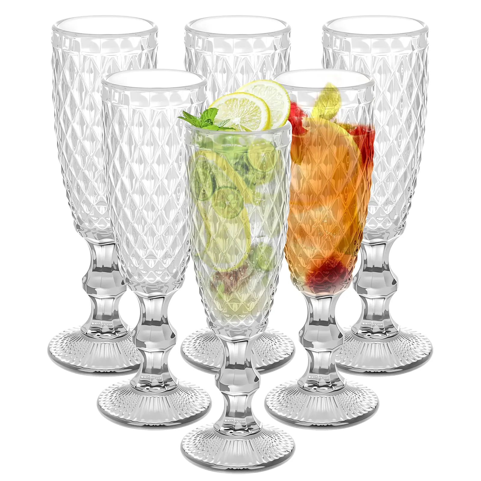 Champagne Flutes 150ml/5 oz Set of 6, Vintage Wine Glasses, Colored Glassware Set, Water Goblets for New Year Christmas,Party, Wedding, & Daily Use (Transparent)
