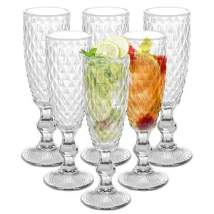 Champagne Flutes 150ml/5 oz Set of 6, Vintage Wine Glasses, Colored Glassware Set, Water Goblets for New Year Christmas,Party, Wedding, & Daily Use (Transparent)