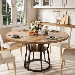 47 Inch Farmhouse Round Dining Table Seats 4-6, Wood Table with Storage Shelf and Sturdy Metal Legs, 220KG Load Capacity for Kitchen Dining Room Living Room Apartment