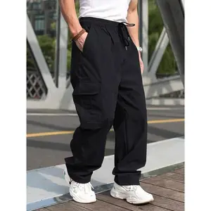 Men's Solid Color Flap Pocket Drawstring Waist Cargo Pants, Regular Fit Casual Street Straight Leg Trousers For Daily Wear, Men's Bottoms For All Seasons, Baggy Cargo Pants Elastic Menswear Beige Plain esdvq men Black
