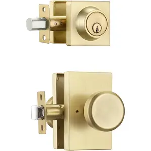 Satin Brass Door Knob with Lock, Exterior Door Lock Set with Deadbolt, Keyed Entry Exterior Door Knob