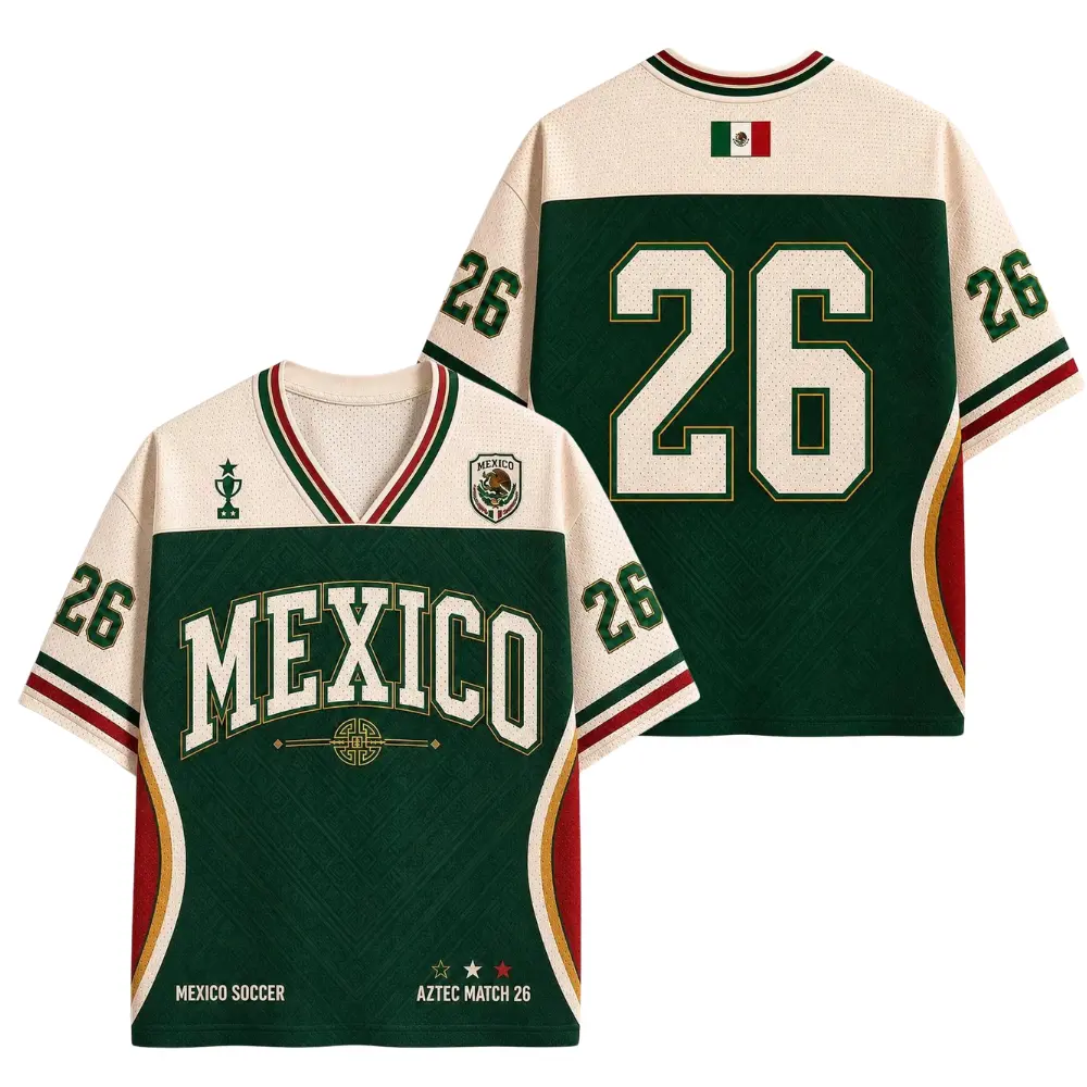 Men's Mexi 26 Vintage Green Soccer Jersey - Short-Sleeve Mesh Fabric Mens Clothing Football Fan Shirt, Short Sleeves, V-Neckline, Modern Design, Casual Sports Jersey