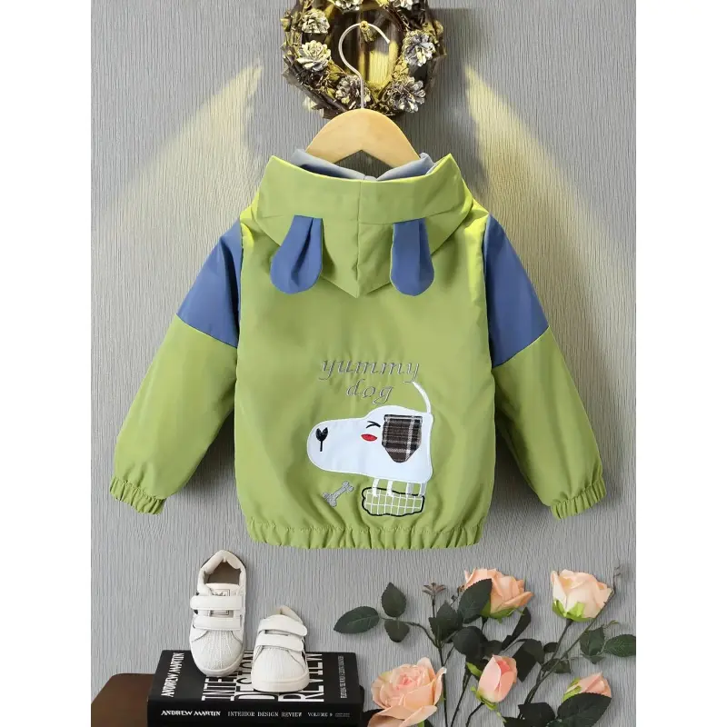 Boys' Casual Cartoon Hooded Jacket, Lightweight Polyester Windbreaker with Zipper Toddlers, Spring Autumn Outerwear, Cartoon Boys' Jackets