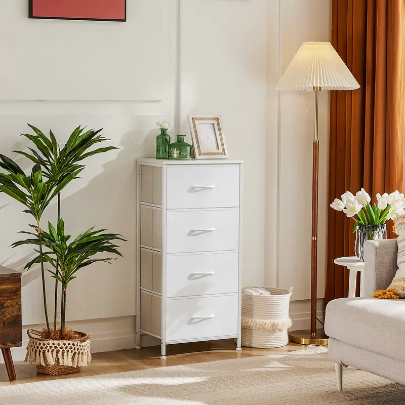 Dresser for Bedroom, Storage Drawers, Skinny Fabric Storage Tower with 4 Drawers, Tower Organizer Unit, Chest of Drawers with Wooden
