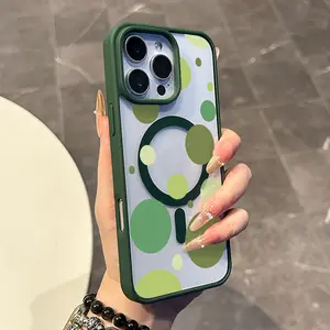 Magnetic Compatible Case for iPhone 17 16 E Pro Max 15 Plus 14 13 12 11 XS XR, Pastel Sage Green Polka Dot Print Print | Silicone, Lightweight, Aesthetic, Scratch Resistant, and Cute Protection