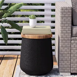 HOMPUS Drum End Table Cylinder Shaped Concrete Side Table Faux-Wood Top, Black Outdoor Accent Table with Tree Trunk Slice Hand Painted, Accent Stool