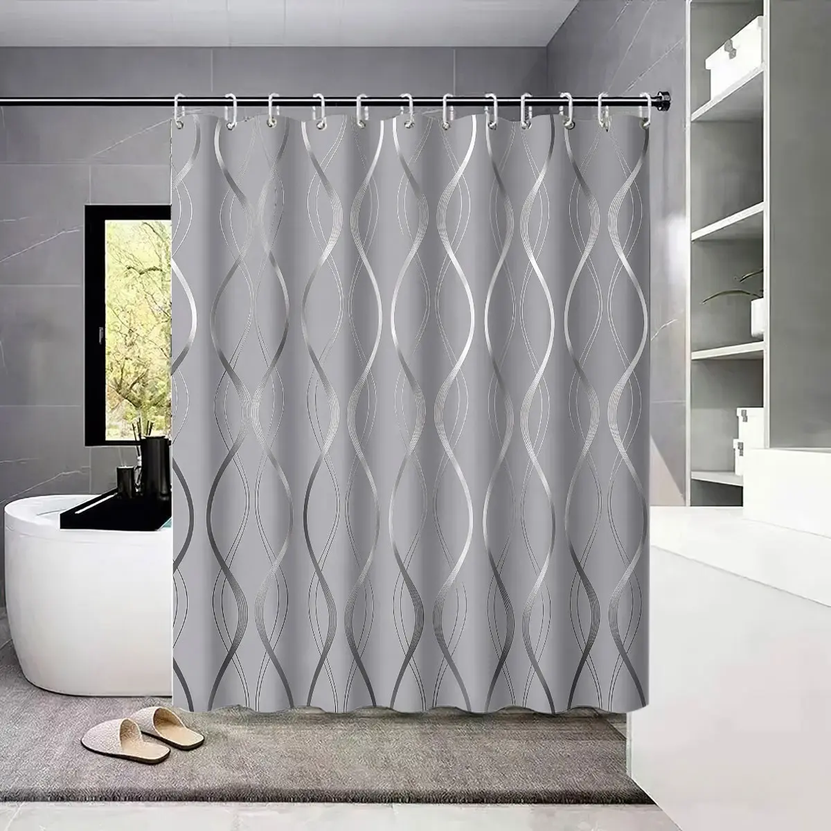 Light Grey Silver Intertwined Wavy Decorative Aesthetic Shower Curtain, Luxury Modern Waterproof Bathroom Curtain with Plastic Hooks Included, Wall-Mounted Drapes