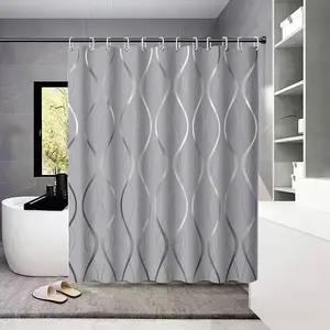 Light Grey Silver Intertwined Wavy Shower Curtain, Luxury Modern Waterproof Bathroom Curtain with Plastic Hooks Included, Wall-Mounted Drapes