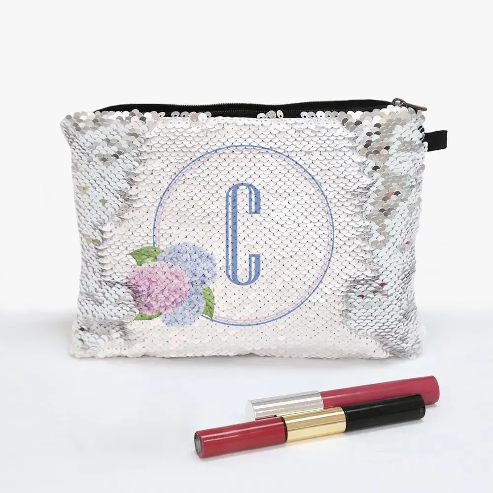 Floral Initial Personalized Flip Sequin Makeup Pouch Bag