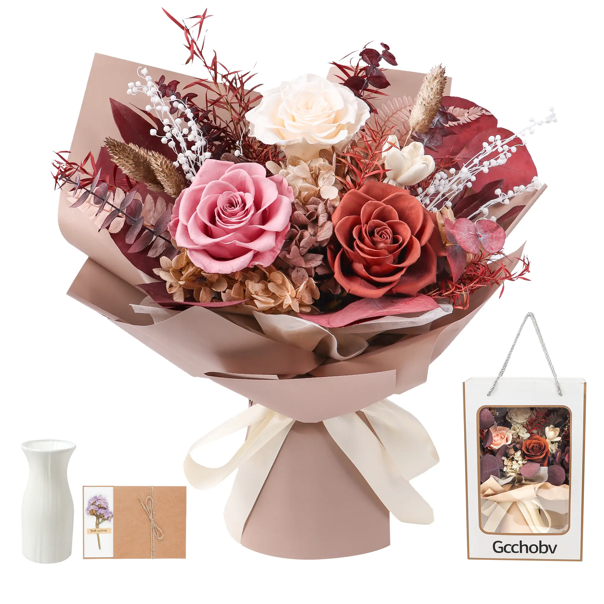 Gcchobv Preserved Flower Bouquet 100% Real Fresh Flowers Made Long-Lasting Eteranl Christmas Mother's Day Valentine's Day Birthday Gifts
