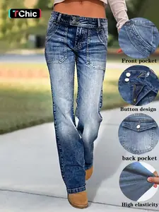 Women's High Elastic Denim Wide-Leg Pants, Dual Buckle Waist Design, Comfortable and Stylish Jeans for Daily Wear