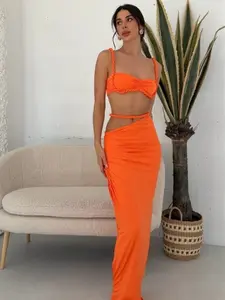 Cute Twist Knot Bralette Top Fitted Ruched Maxi Skirt Set Womenswear Summer Outfit