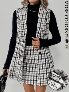 Women's Casual Plaid Long Coat Set, Fitted Half Skirt, All Seasons Fashion, Comfortable, Stylish and Chic, Perfect for Daily Wear, Womenswear