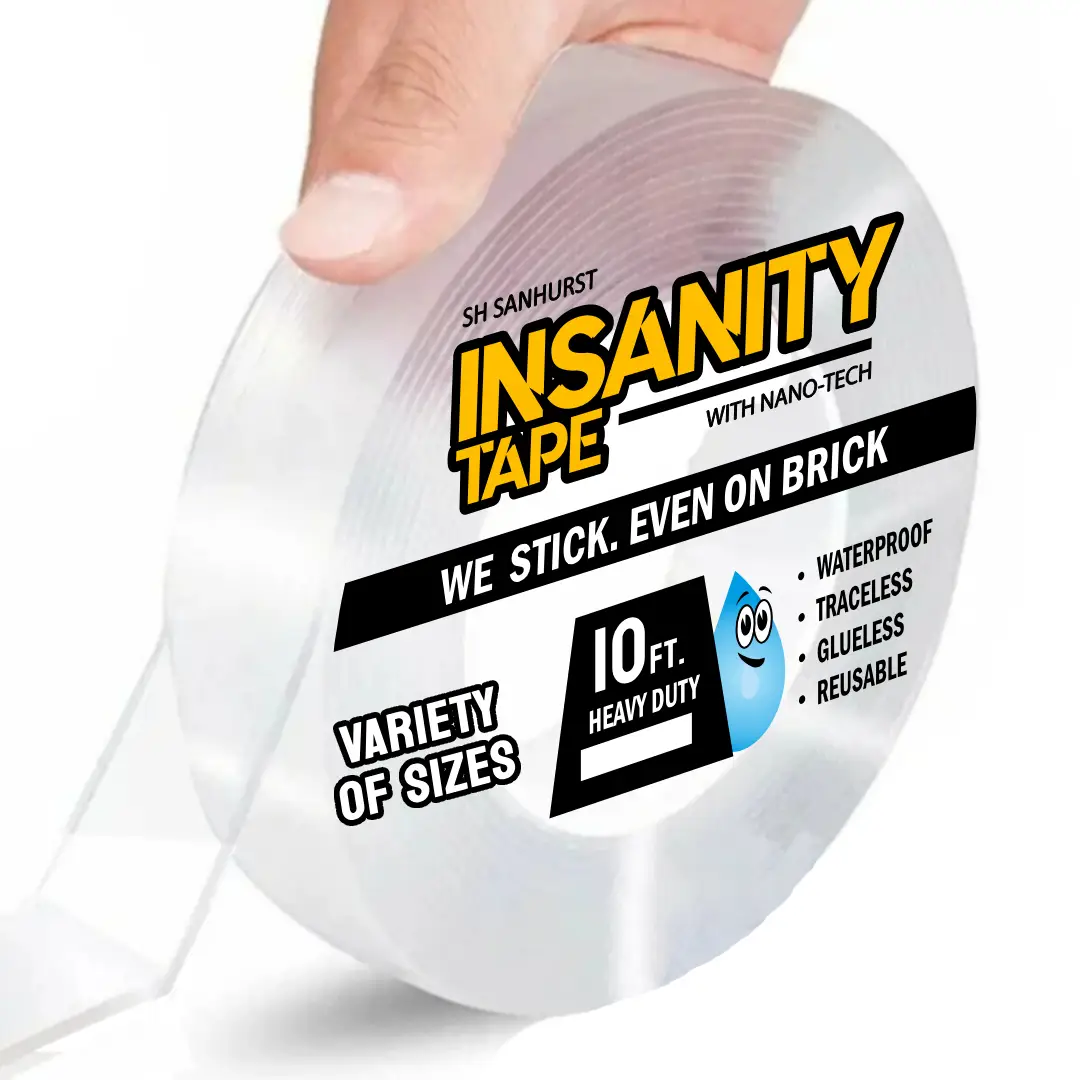Insanity Tape Heavy Duty Double-Sided Transparent Adhesive 10ft for DIY Wall Art, Indoor/Outdoor Use, Waterproof, Removable, Glueless, Strong 3X