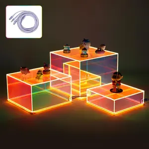 3 count Iridescent  Display Risers with LED light Plug and Play, Lighted Stackable  Cube Boxes Stand with Hollow Bottom for Figures  Perfume Purse   Buffet Riser