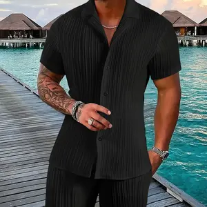 Men's 2-Piece Casual Solid Color Button-Up Shirt and Shorts Set - Breathable, Comfortable Summer Essentials for Warm Weather Menswear