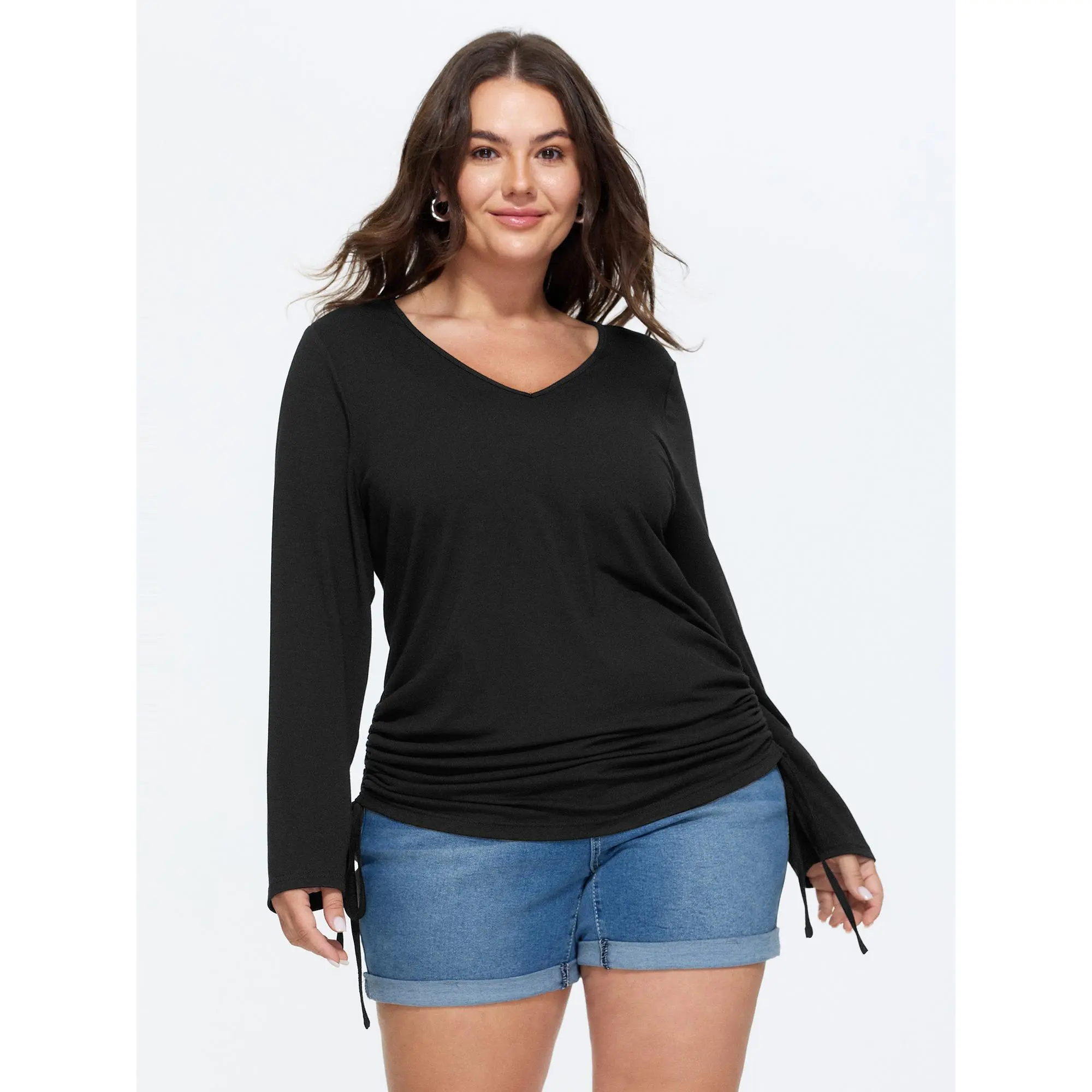 BloomChic Women's Plus Size Long Sleeve Top, Casual Solid Stretchy Jersey Garment with an Adjustable Drawstring Hem, Fabric, Basic