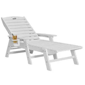 VEVOR Chaise Lounge Chair, 400 lbs Weight Capacity, 6 Positions Adjustable Patio Lounge Chair, Outdoor HDPE Lounge Chair with Backrest & Cup Holder, for Pool Poolside Deck Backyard Lawn, White
