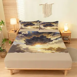 3pcs Bedding Set Queen Size, Includes Fitted Sheet & Pillowcases, Cloud God Eye Print, Soft Breathable, Ideal for Bedroom