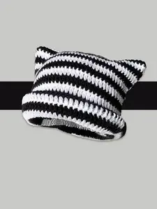 Cat Ear Design Knitted Beanies, Casual Colorful Striped Pattern Chunky Knit Beanie Hat For Women & Men, Fashion Accessories For Fall & Winter