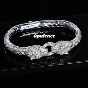 Iced Out Double Panther Moissanite Bracelet |   Hip Hop Luxury Jewelry  Green Eye Panther Head