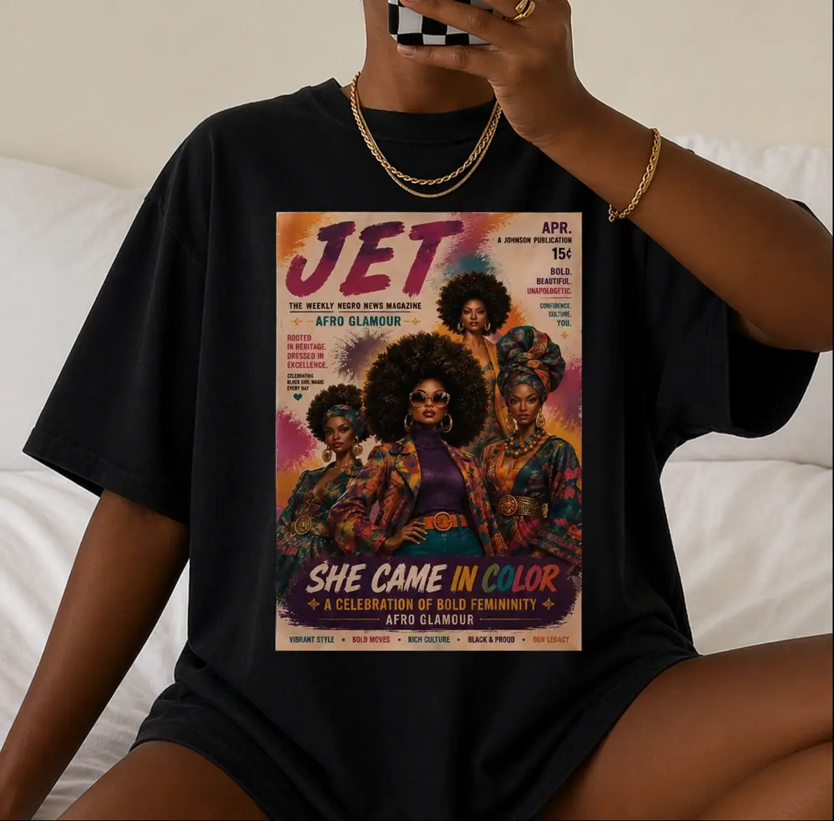 JET Afro Glamour Black Girl Magic T-Shirt, Retro Fashion Afrocentric Streetwear Graphic Tee, Vintage Inspired Black Barbie Gifts