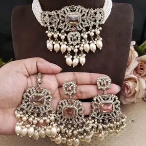 Premium Antique Gold Reverse AD Choker Necklace Set with stone and Pearl Accents