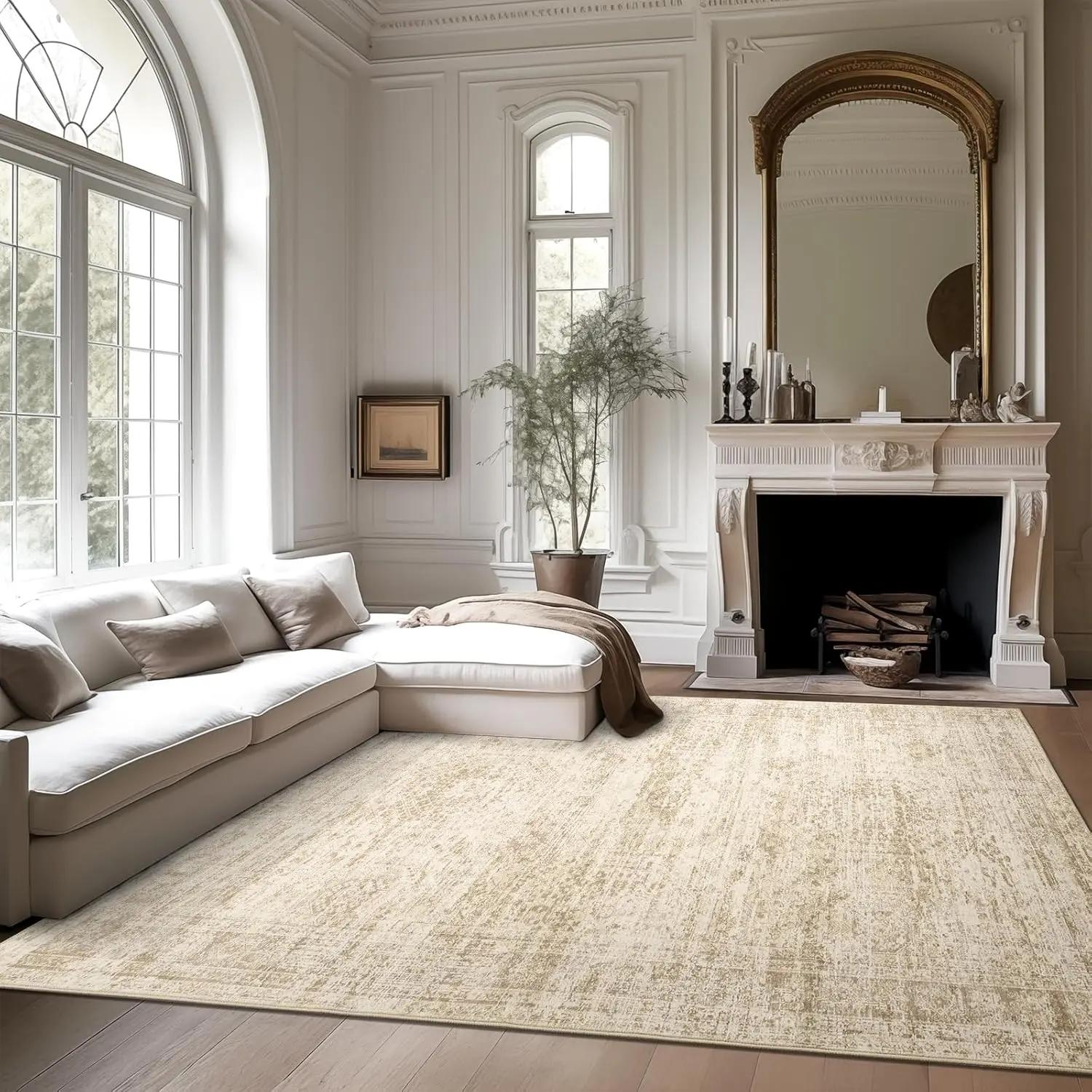 Washable Area Rug Large Soft Rugsfor Living Room Vintage Beige Carpet AreaRugs for Bedroom Dining Room Non-Slip StainResistant Under Table Rug Available inVarious Sizes