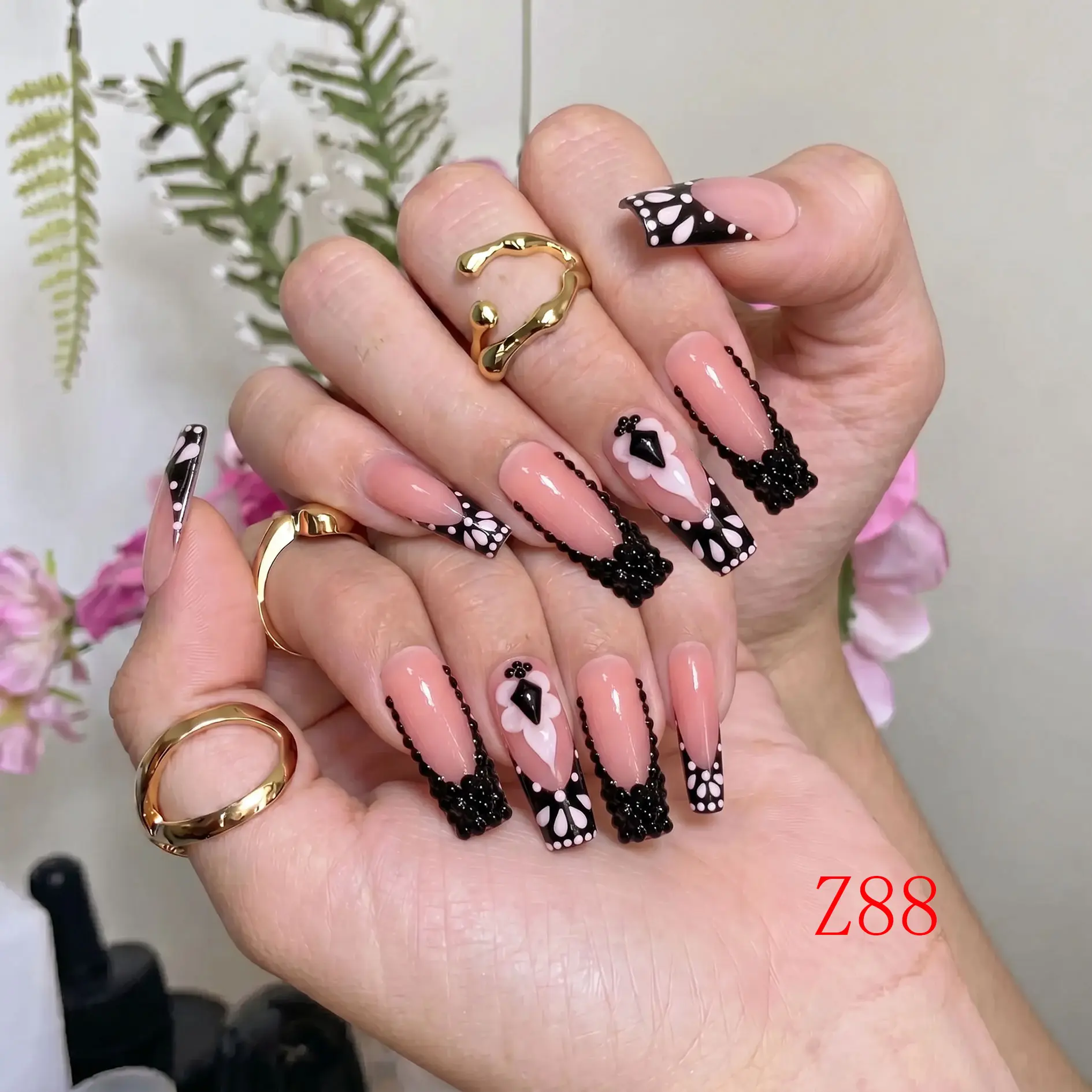 NailBeeBee Press on Nails, Handmade Boho Goth Acrylic Kit with Mandala French Tips, Reusable Medium Square Fake Nails, Beauty Products, Handmade Press On Nails, Acrylic Press On Nails