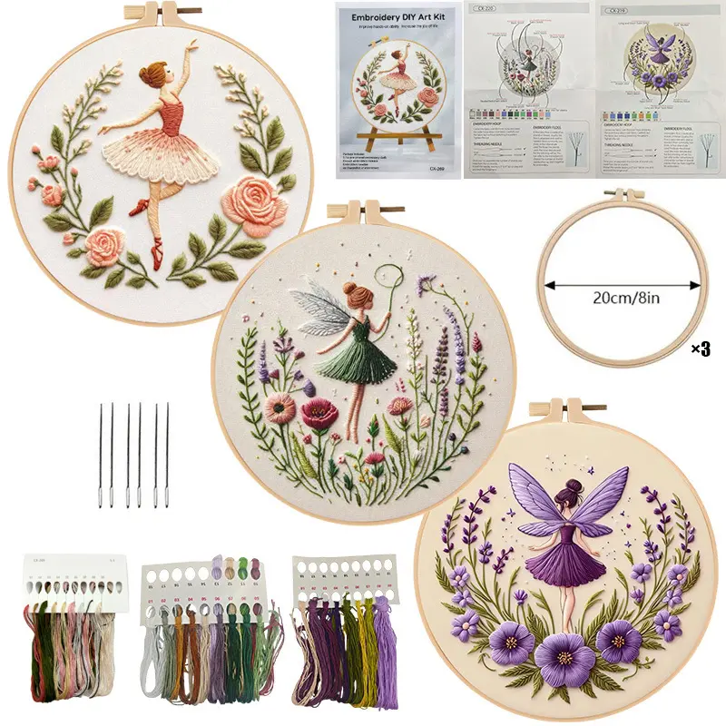 Embroidery Starter Kit for Beginners, DIY Set with Fairy and Floral Embroidered Design, Includes Patterned Fabric and Guide for Home Decor