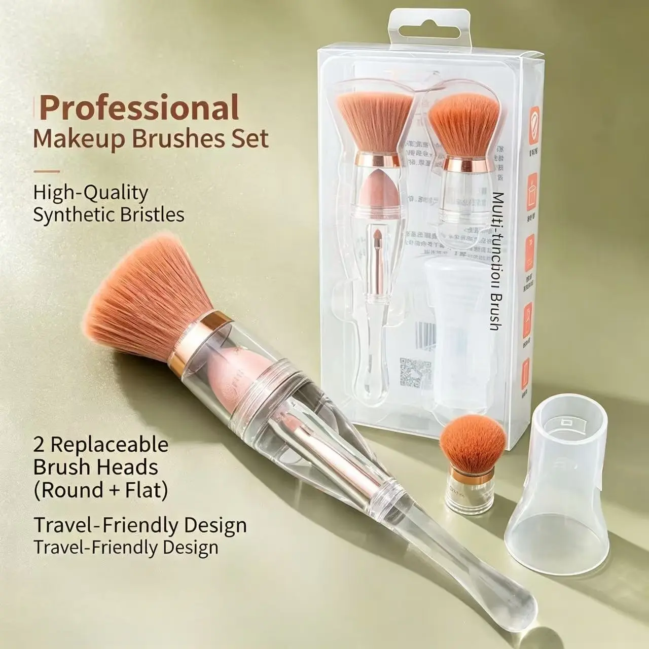 2-in-1 Portable Multi-functional Makeup Brush: 3-in-1 Foundation Brush Set & 4-in-1 Angled Blush Brush