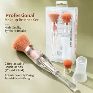 2-in-1 Portable Multi-functional Makeup Brush: 3-in-1 Foundation Brush Set & 4-in-1 Angled Blush Brush