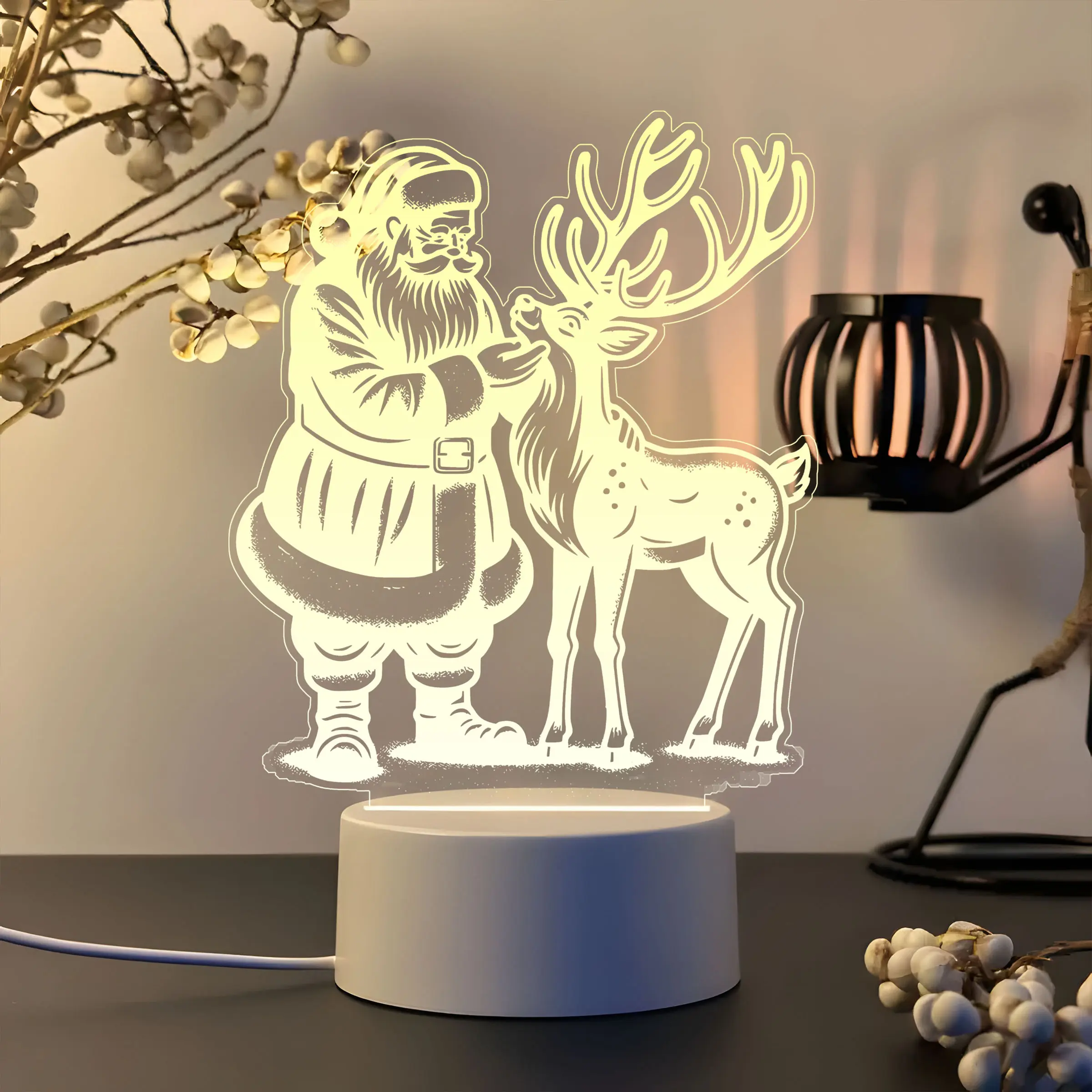 Acrylic LED Night Light Santa Claus & Reindeer Christmas Theme, USB Powered Warm Light, Button Control, Perfect for Bedroom Decor