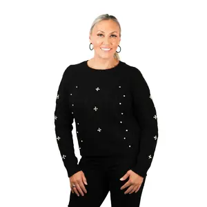 Long Sleeve Cable Knit Sweater w/ Rhinestone Detail (SALE)