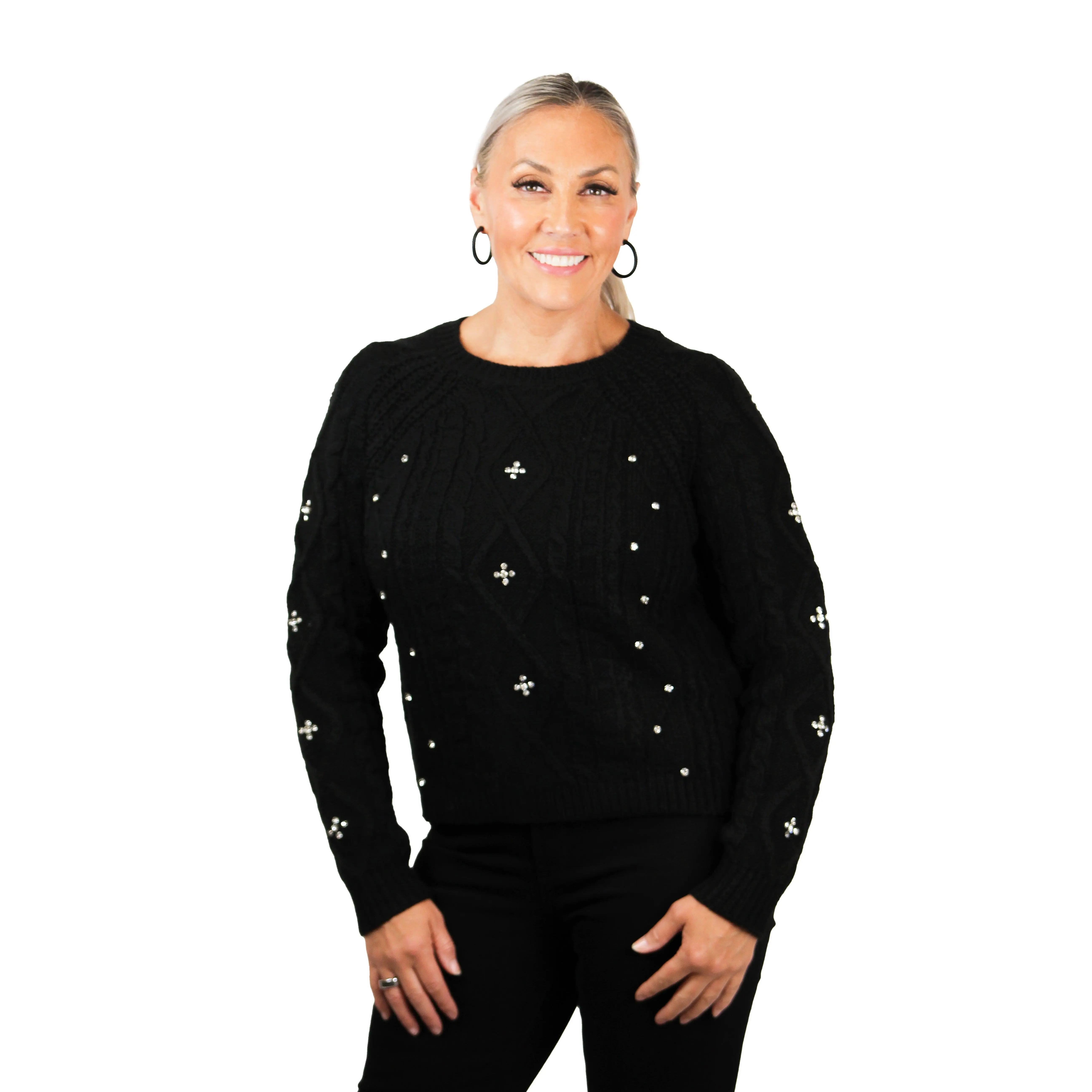 Long Sleeve Cable Knit Sweater w/ Rhinestone Detail (SALE)