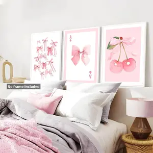 Trendy Pink Bows Posters Wall Art Set of 3, Vintage Preppy Cherry Picture Prints, Pink Girly Room Aesthetic Canvas Wall Decor Painting for College Apartment Living Room Bedroom