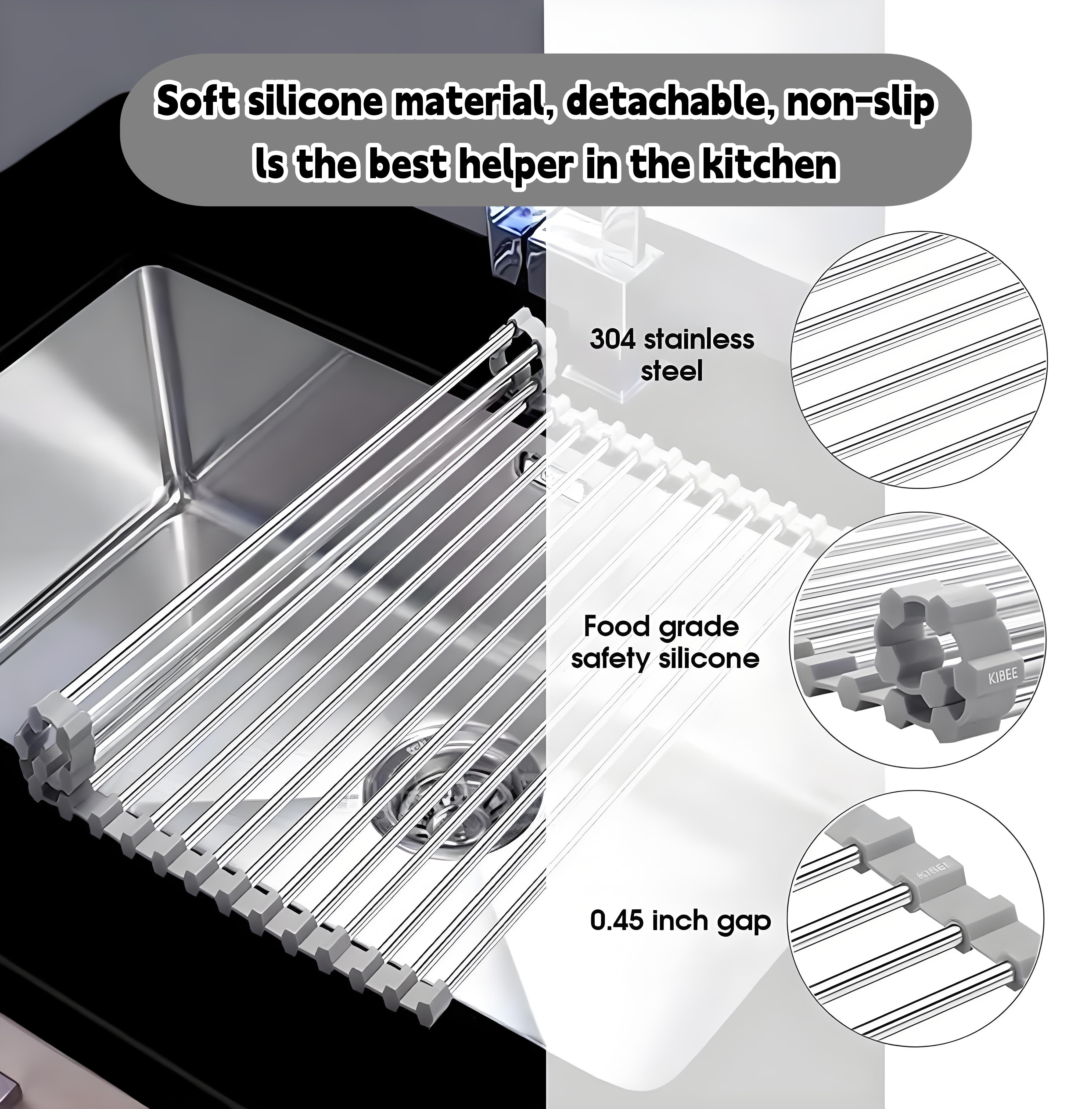 Space Saving Foldable Kitchen Drying Rack Roll-Up Dish Rack for Sink Heat Resistant Stainless Steel & Silicone Multi-Functional Over Sink Dish Mat for Home Travel Apartment Use