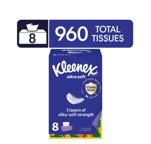 Kleenex Ultra Soft Facial Tissues, 8 Flat Boxes, 120 Tissues per Box, 3-Ply