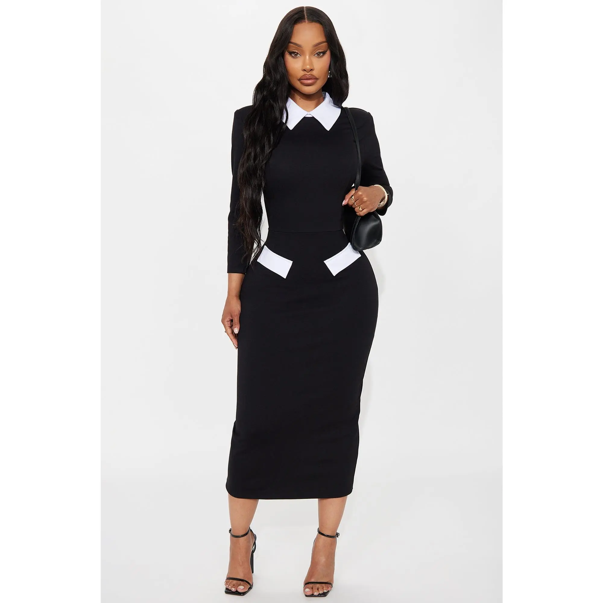 All Business 3/4 Sleeve Ponte Midi Dress - Black/White