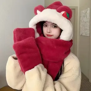 Thickened Plush Bear Hat Scarf Gloves Three-In-One Set Warm Adorable Winter Fashion for Men Women Accessories Cozy Versatile All Ages