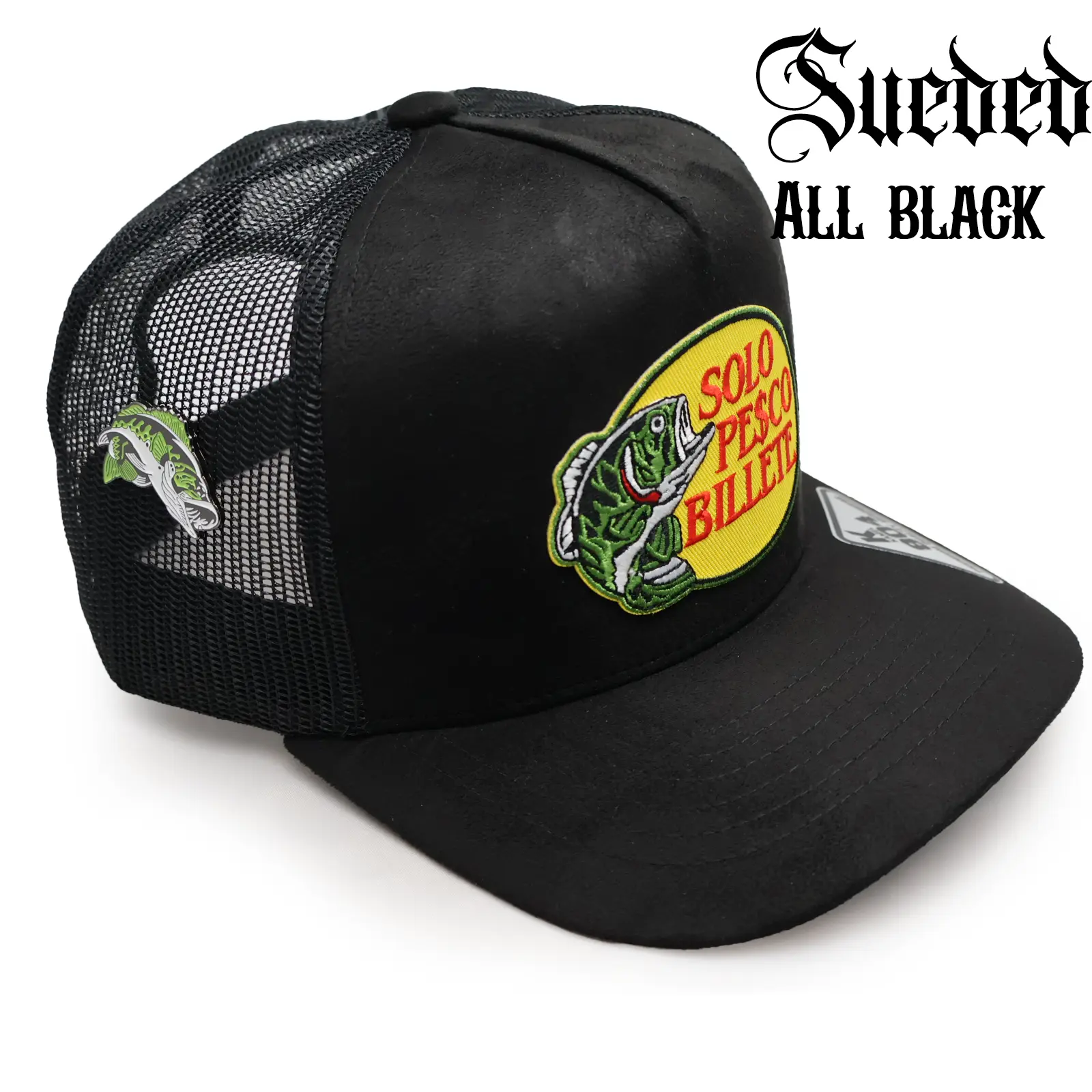 Black Sueded Mesh Hat w/ Solo Pesco Billete Design & Green Bass Pin – High Crown Snapback | Ranchero Chido Novelty Cap Premium Headwear